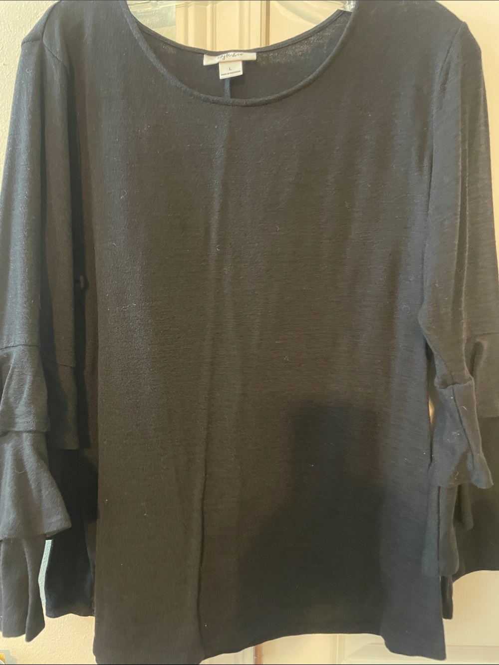 Style & Co. Black Long Sleeve Ruffle-Sleeve Tee